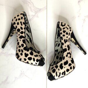 Dolce & Gabbana Black White Leopard Print Calf Hair Peep Toe High Heel Pumps 36